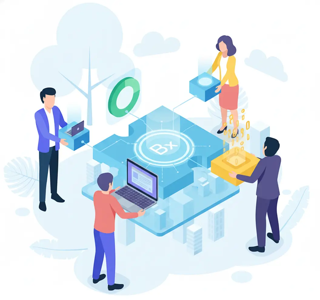 Illustration of a team building a digital platform together